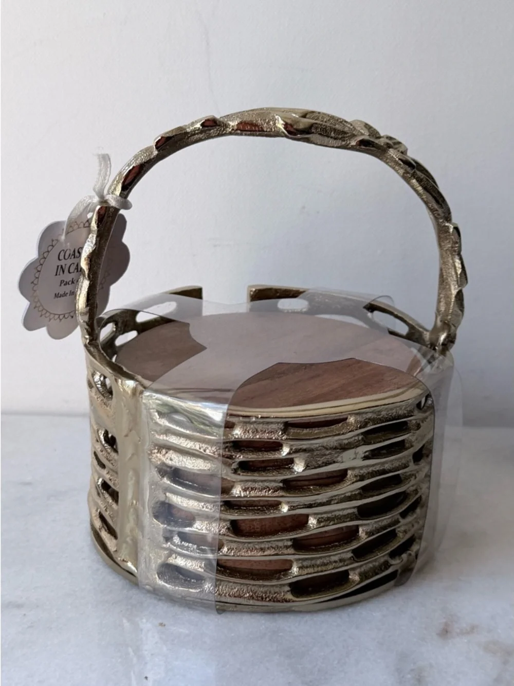 Gold Metallic Coaster Set with Holder